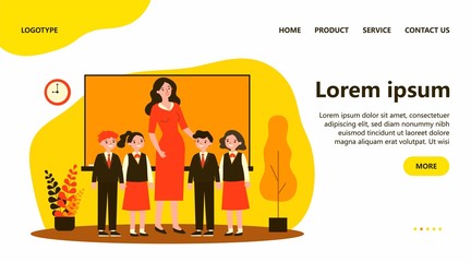 Happy children and teacher standing together in classroom. Class, classmates, pupils flat vector illustration. Primary school, education concept for banner, website design or landing web page