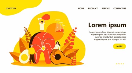 Happy people keeping keto diet and eating high fat and protein foods. Meat, fish, eggs and avocado lovers. Vector illustration for ketogenic diet, healthy nutrition concept