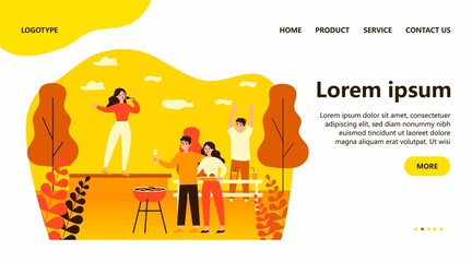Group of friends enjoying barbecue party outdoors. Dancing people, singing on stage, wine flat vector illustration. Celebration, festival, event concept for banner, website design or landing web page