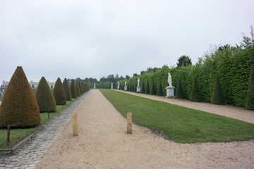 Beautiful shot of the long green alley with sculptures in the gardens of Versailles.