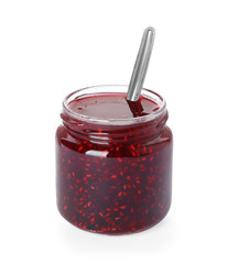 Jar of raspberry jam isolated on white