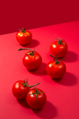 Group of fresh tomatoes presented on red background