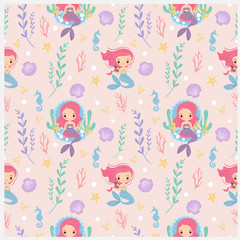 cute mermaids and variety underwater plant seamless pattern