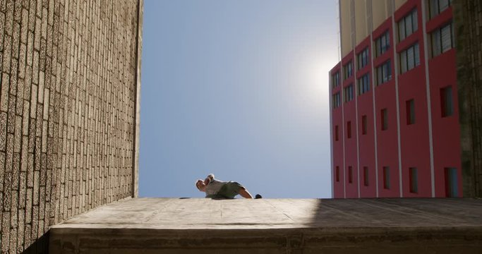 Caucasian man practicing parkour
