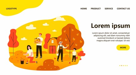 Farmers gathering harvest on plantation in autumn season. Happy people picking apples at trees, carrying crate with vegs. Vector illustration for gardening, farming, agriculture concept