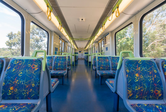 Melbourne, Australia - Dec 25, 2015: Interior of an empty moving Metro train in Melbourne