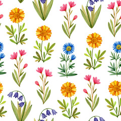 Seamless pattern with flowers painted by watercolor.
