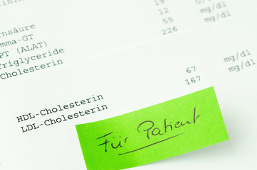 german Laboratory blood count for HDL and LDL cholesterol. word  - Für Patient-for the patient on green sticky notes posted. Blood test for Blood Count. list of performed tests. Laboratory diagnostics