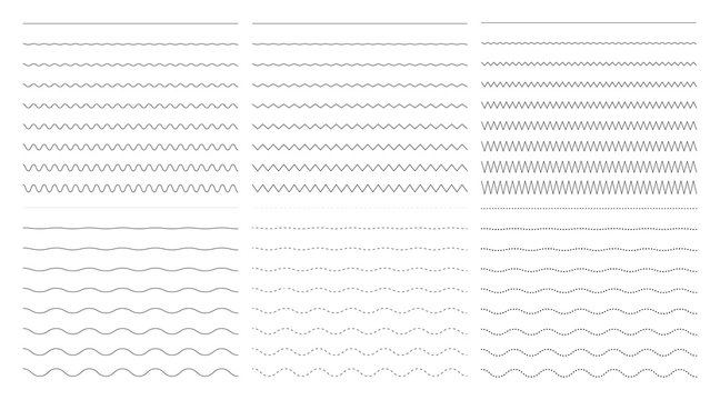 Vector collection of different thin wide and wavy narrow line. Set of horizontal wavy - curvy and zig zag - criss cross. Graphic design elements