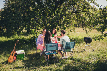 Full length photo of four people students fellows gathering table feast celebrate girls guys summer birthday clink cheers chill beer bottle under green tree garden outside