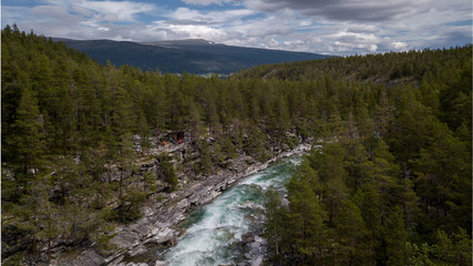 Fototapeta na wymiar River in Gudbrandsdalen, Norway. Taken with drone in a Forest