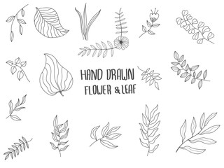 set of simple doodles of flowers leaves hand drawing vector