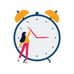 Daylight saving time concept. Young woman turn the hand of the clock. Turning to winter or summer time, alarm clock vector illustration. Character in modern flat art style for your small people design - 372853507