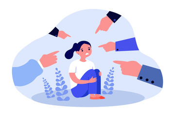 Stressed victim of bullying. Hands of people blaming and pointing at upset girl flat vector illustration. Accusation, anger, violence concept for banner, website design or landing web page