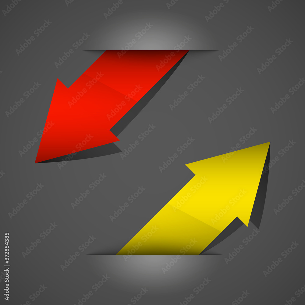 Poster Arrow banners set. Direct shape. 3d Abstract Background. Business infographic presentation diagram. Section compare service. Up and down trend. Paper index. Exact pointer