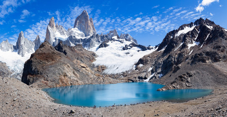 SANTA CRUZ, ARGENTINA - CIRCA FEBRUARY 2020 - Tourists flock to the lake near the famous Fitz Roy and Cerro Torre in Patagonia