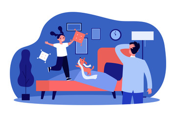 Dad watching little daughter and pet having fun in bedroom. Happy kid and dog jumping on bed flat vector illustration. Childhood, bedtime concept for banner, website design or landing web page