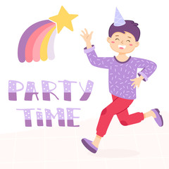 Boy is waving by hand and runs. Welcome sign for the party. Birthday invitation