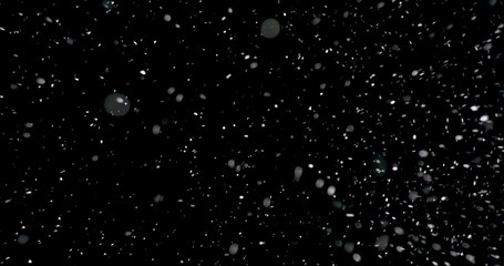Snow storm at night. It shows the snowflakes falling from the sky against the black background