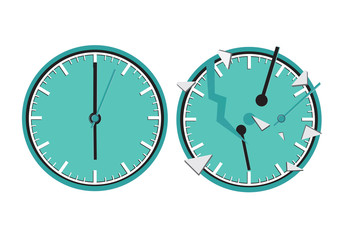 Two clocks. One of them broken. Concept of deadline, lack of time, carelessness or lost time.