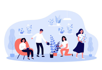 People growing plants in pots for home garden. Group of friends taking care about houseplants in greenhouse. For plant shop, botanical hobby, growth concept