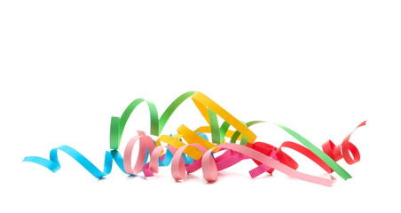 Colorful paper curls, strips, ribbons isolated on white background and texture