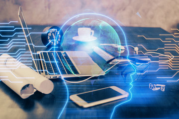 Double exposure of desktop with computer and brain drawing hologram. Artificial intelligence concept.