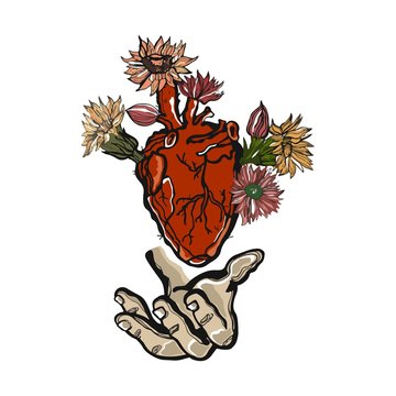 Vector illustration of a blooming heart in hand. Heart blooms like a cactus isolated on white background. Unique hand drawing. Flat cartoon concept.