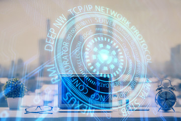 Multi exposure of table with computer on background and data theme drawing. Concept of innovation.