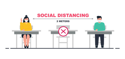 Social distancing at school. School students wearing masks. Vector illustration.