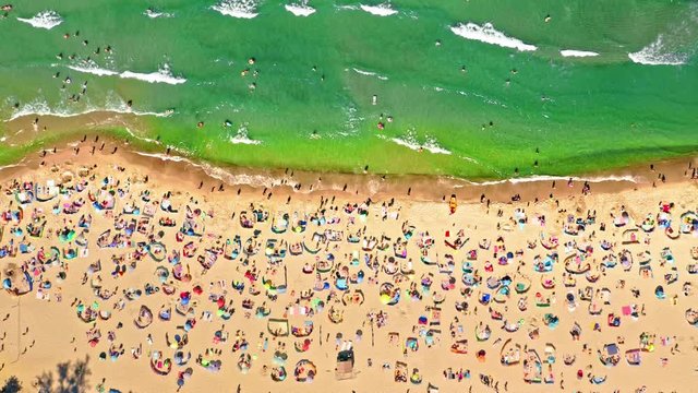 Crowded beach in Poland during pandemic, Baltic Sea, aerial view