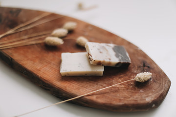Handmade natural soap on white background. Soap making. Soap bars. Skin care. Natural Organic spa cosmetics products