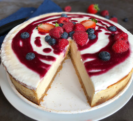 High angle view of cheesecake cut