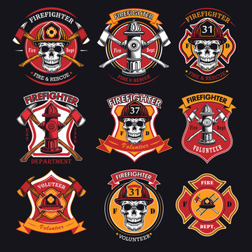 Firefighter patches set. Badges with skulls in helmets, axes, hydrant, red heraldry with ribbons. Vector illustrations collection for firemen, fire department, rescue concept