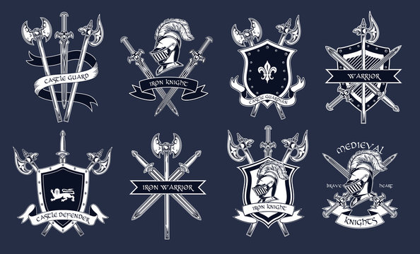 Medieval knights accessories set. Armors, swords, helmets, shields, axes illustrations isolated on dark blue background. For military, fight, or sport team label templates