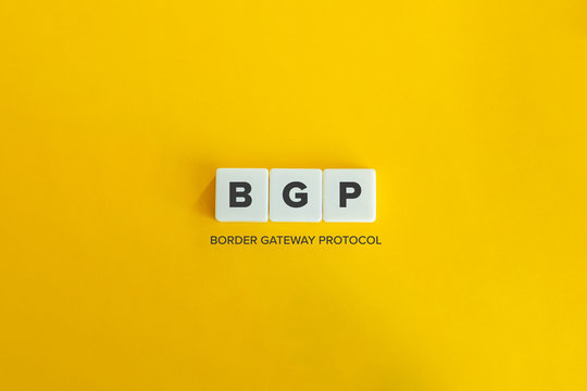 BGP (Border Gateway Protocol) banner and concept. Block letters on bright yellow orange background. Minimal aesthetics.