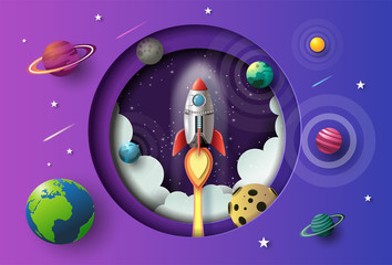 Paper art style of rocket flying in space, start-up concept, flat-style vector illustration.