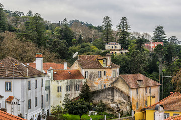 Obraz premium Aerial view of the historic part of Sintra, Portugal. Sintra is a municipality in the Grande Lisboa sub region, delightful Portuguese town that has an abundance of wonderful tourist attractions.