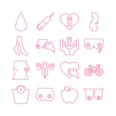 bundle of sixteen breast cancer set icons