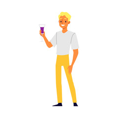 Blond man holding glass of purple wine and smiling - happy cartoon character