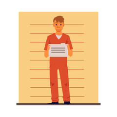 Male prisoner cartoon character near wall, flat vector illustration isolated.