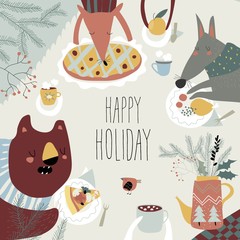 Illustration of cute animals celebrating winter holidays