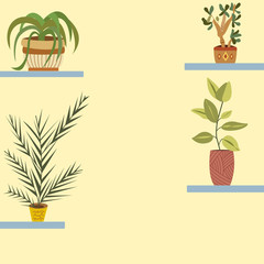 Vector Set of indoor plants in pots on yellow background