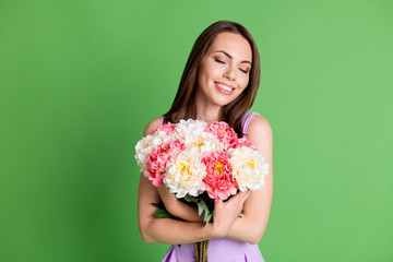 Portrait of her she nice attractive pretty lovely charming dreamy cheerful girl enjoying holiday occasion holding in hands smelling fresh flowers isolated green color background