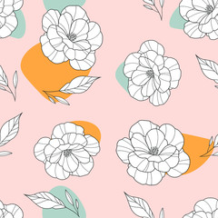 Floral seamless background. Vector floral background in trendy minimalist style for printing packaging, fabric, t-shirts, covers, posters. Vector illustration. Eps10