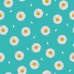 Ditsy seamless pattern daisies with petals on blue background. Great for spring and summer wallpaper, backgrounds, invitations, packaging design projects textile.
