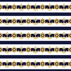 Nautical navy blue and white stripes with steering wheel and anchors semaless pattern. Sailing and marine background