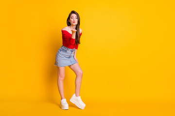 Full length body size view of her she nice-looking attractive affectionate lovable thin fit slim girl long legs sending you air kiss isolated bright vivid shine vibrant yellow color background