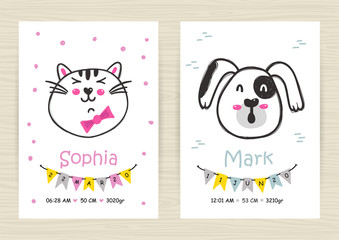 Baby shower invitation templates with cat and dog for girl and boy.