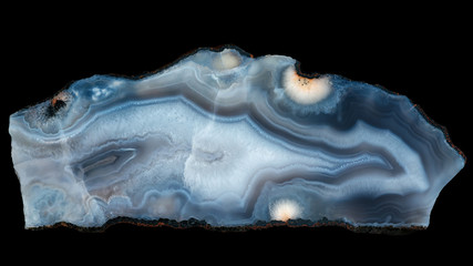 Sample of blue-white agate from a basalt quarry with inclusions of bundles of unidentified...